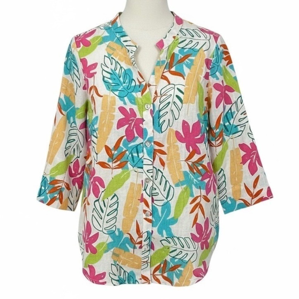 Hot Cotton Tropical Leaf Floral Band Collar Shirt Top Women's Medium